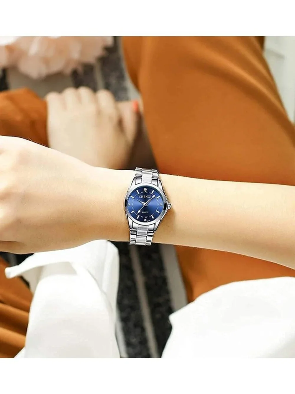 Women's Dark Blue Analog Quartz Stainless Steel Luminous Waterproof Dress Watch